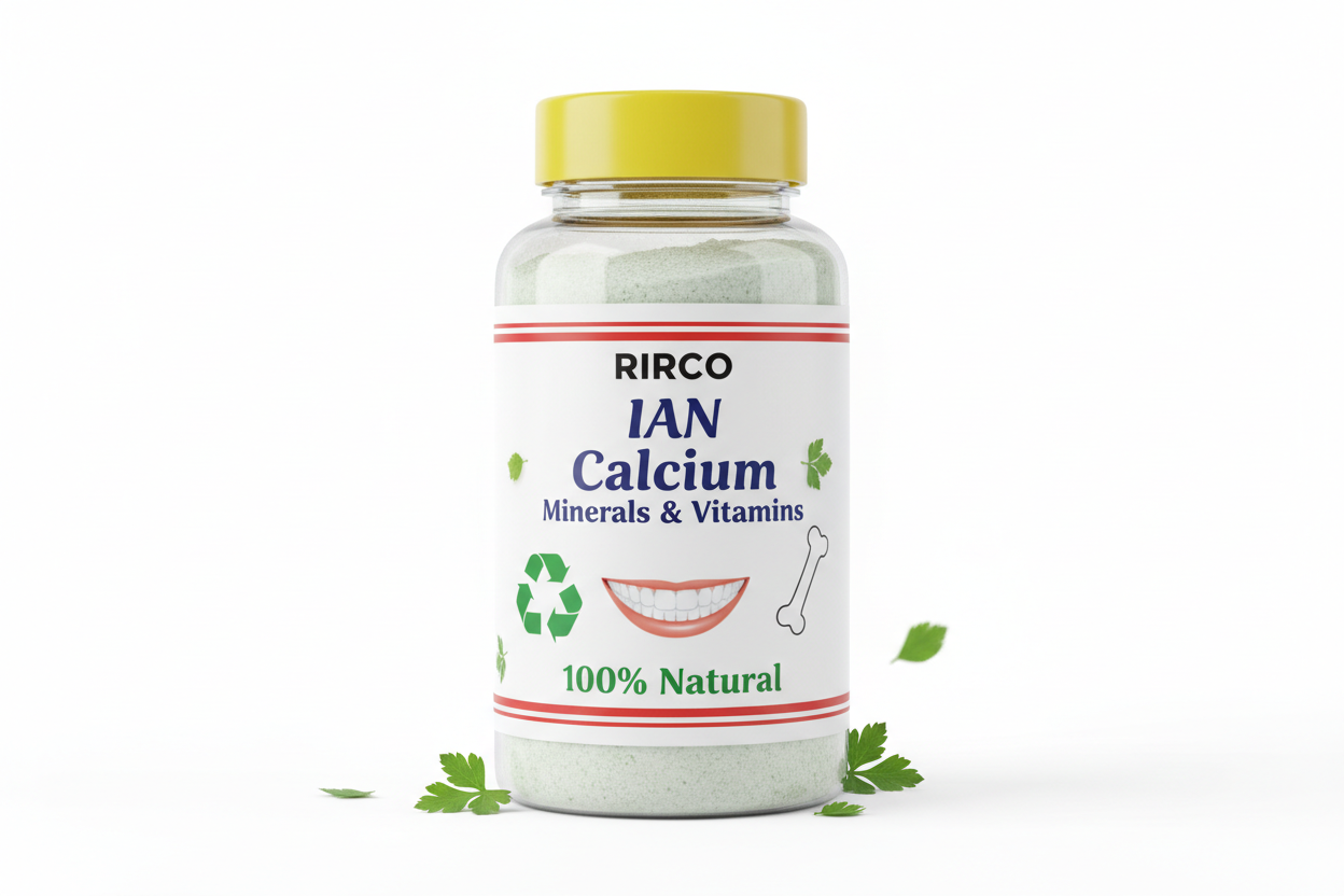 100 ml clear plastic pharmaceutical bottle IAN Calcium Minerals & Vitamins , RIRCO brand, filled with a white greenish powder, with a yellow cap, with 2 red lines at the upper and down edges, nature label, recycling label, with picture of a smile with white teeth, with a picture of a bone, and surrounded by a few very small leaves, 100% Natural