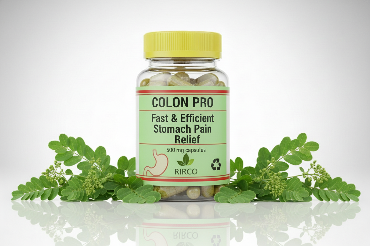 60 ml Plastic pharmaceutical Bottle of COLON PRO on Top, followed by Fast & Efficient Stomach Pain Relief 500 mg capsules in big characters, a yellow cap and light green label on a glossy background, brand name RIRCO, picture of stomach, nature label, recycling label, 2 red lines at the bottom edge and upper edge of the label, containing capsules filled with yellowish gray powder, bottle surrounded by euphorbia hirta leaves