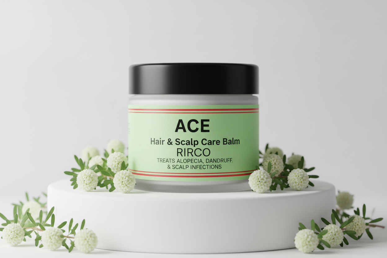 ACE Hair & Scalp Care Balm jar, Alopecia, Dandruff, Scalp infections, white jar with black cap, light green label, 2 red lines at the top and bottom edge of the label, RIRCO brand , surounded by small round flowers