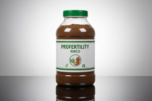 BIG 500 ml transparent Plastic pharmaceutical Bottle of PROFERTILITY with a green cap and white label on a glossy background, brand name RIRCO, written with the same policy as the name of the product, picture of green spices and healthy brown baby at the center , nature label, recycling label, 2 green lines at the bottom and upper part of the label , bottle filled dark brown powder