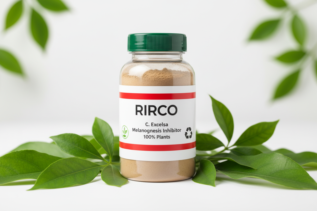 C. Excelsa Melanogenesis inhibiter 100% plants , pharmaceutical PET bottle of 120 ml filled with light brown powder, green cap, glossy label, 2 red bands at the top and bottom edge of the label, RIRCO brand , nature label, recycling label, surounded by leaves
