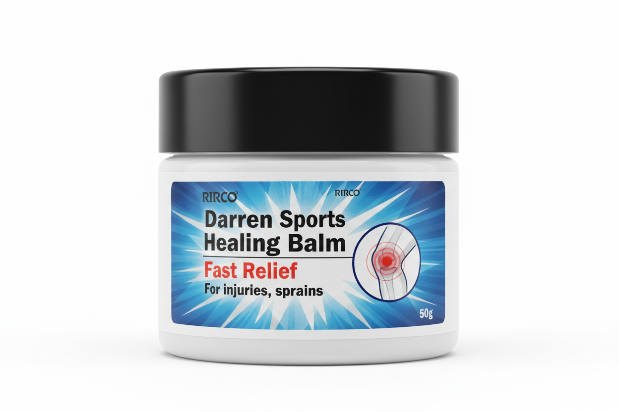 Darren Sports Healing Balm jar with a starburst design on a white background, white jar with black cap, RIRCO brand for injuries, sprains Fast Relief, with the picture of a knee hurting, 50 g