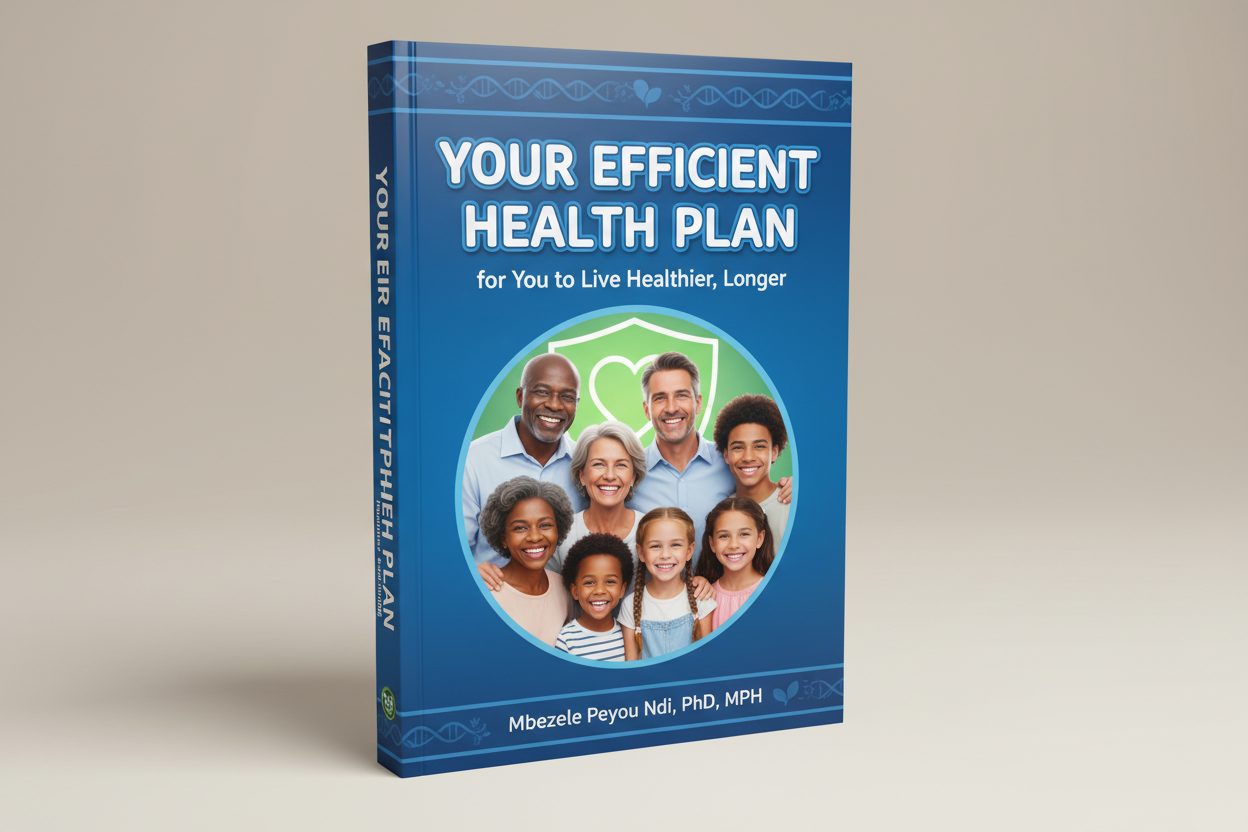 Picture of Book cover of 68 pages 3 D, with cover title: Your Efficient Health Plan: for You to Live Healthier, Longer, the author is Mbezele Peyou Ndi, PhD, MPH, the image of healthy family smiling (blacks and whites and young and old), blue band area at the top and bottom edge of the cover, the lenght being longer than the width
