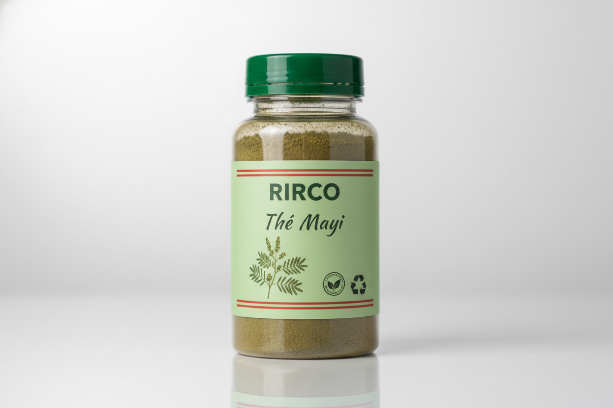 Plastic pharmaceutical Bottle of Thé Mayi with a green cap and light green label on a glossy background, brand name RIRCO, picture of euphorbia hirta plant, nature label, recycling label, 2 red lines at the bottom and upper part of the label , brownish green powder