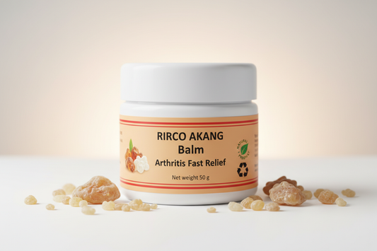 white jar of balm with name: RIRCO AKANG Balm Arthritis Fast Relief, light orange backgroung label, 2 red lines at the top and bottom edge of the label, Net weight 50 g, with frankincense grains picture, nature label, recycling label, surrounded by frankincense