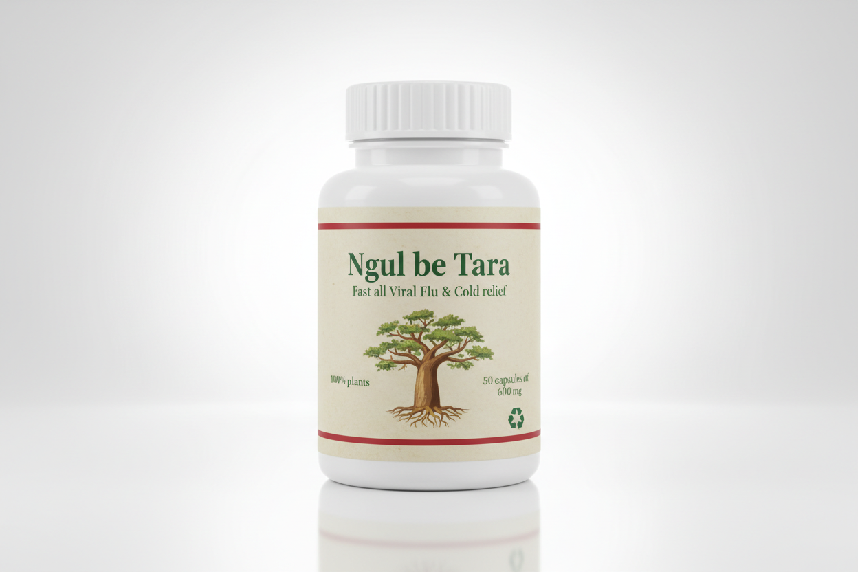 white PET Pharmaceutical bottle, with the name of the medicines Ngul be Tara, Fast all Viral Flu & Cold relief a picture of baobab tree, 100% plants , 50 capsules of 600 mg, contour of the label having 2 red lines (up an down only), nature label, recycling label, glossy backgroung