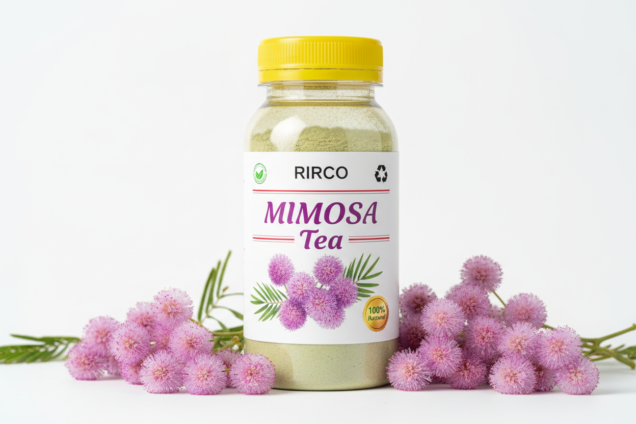 100 ml clear plastic bottle  MIMOSA  Tea  Mental disorders, Nerve regeneration, RIRCO brand, filled with a light green powder, with a yellow cap, with 2 red lines at   the upper and down edges, nature label, recycling label, with picture of  round purple flowers , and surrounded by few purple, 100% Natural