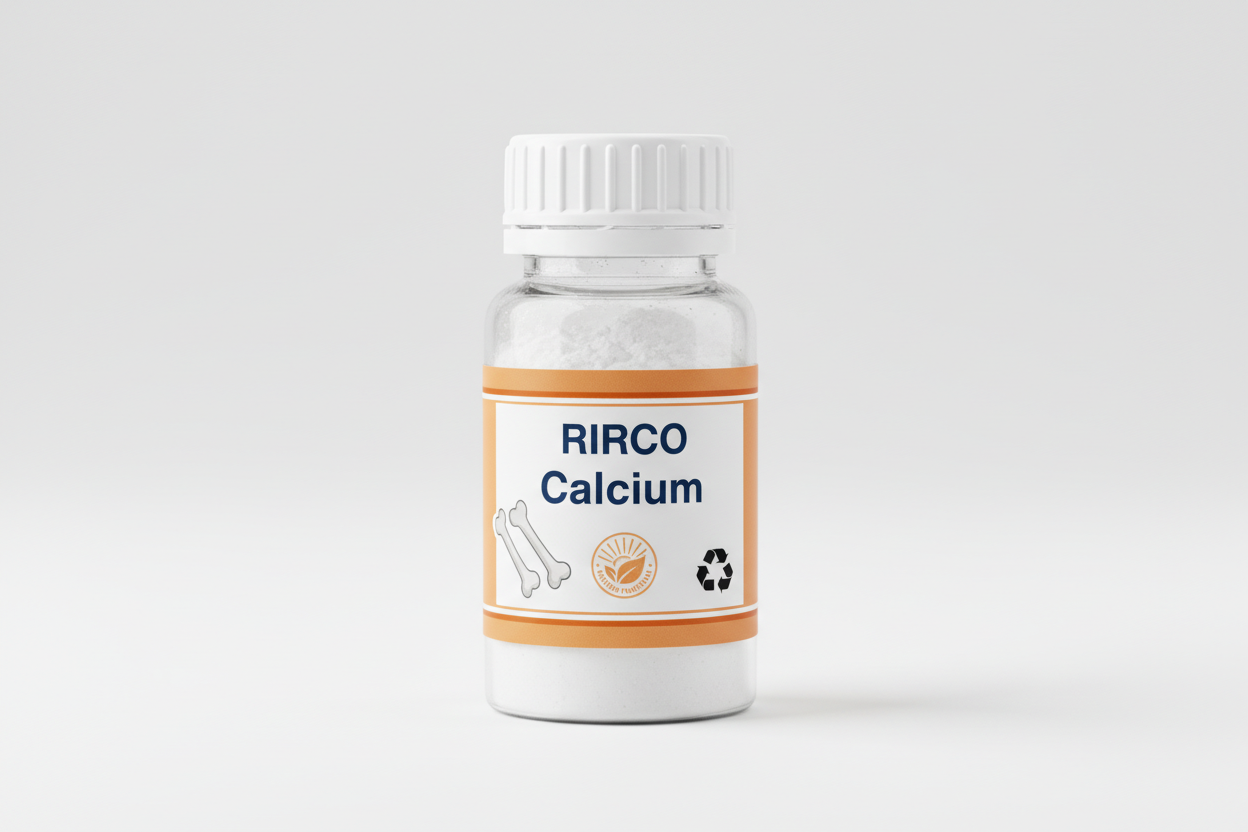 30ml clear bottle RIRCO Calcium, with a white cap, filled with white powder, with 2 lines around the label upper and down sides, nature label, recycling label, with picture of strong bones, light orange label 
