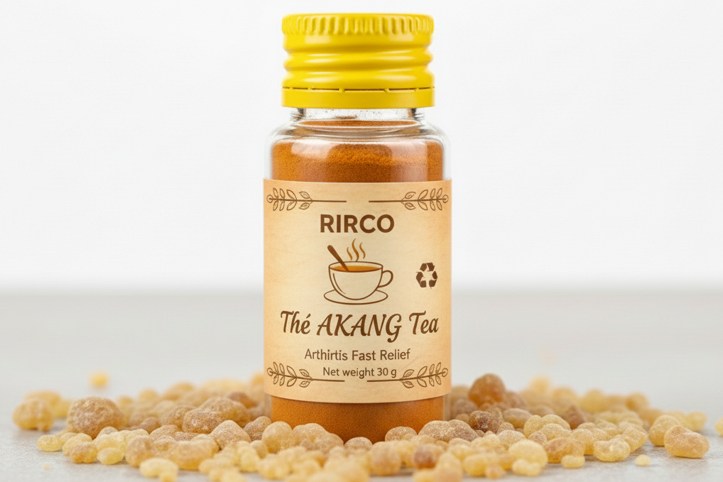 30ml clear bottle RIRCO Thé AKANG Tea Arthritis Fast Refief, with a white cap, filled with light organge powder, with 2 lines around the label upper and down sides, nature label, recycling label, with picture of cup of tea, light orange backgroung  label, and surrounded by frankincense grains