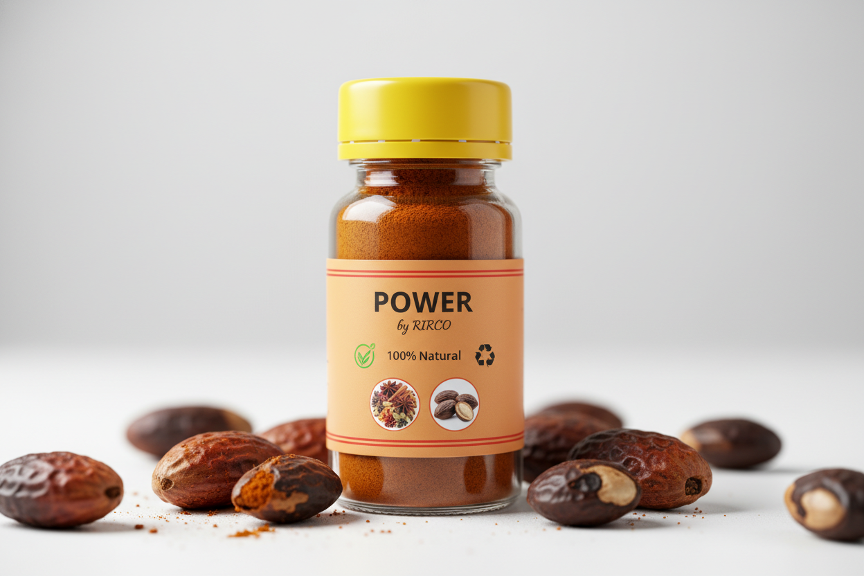 30ml pharmaceutical clear bottle of POWER, 100% Natural , brand name RIRCO with a yellow cap, filled with dark orange  powder, with 2 red lines on the top and bottom edges of the label, nature label, recycling label, with picture of spice mix  and cola nuts,  light orange backgroung  label, and surrounded by cola nuts