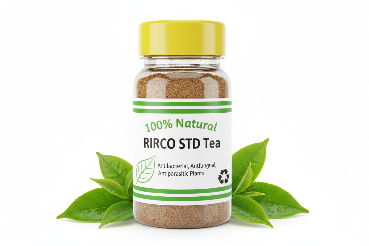 40 ml clear plastic bottle RIRCO STD Tea  Antibacterial, Antifungal, Antiparasitic Plants, filled with a brown powder, with a yellow cap, with 2 green lines around the glossy label upper and down edges, nature label, recycling label, with picture of leaf, and surrounded by few leaves, 100% Natural