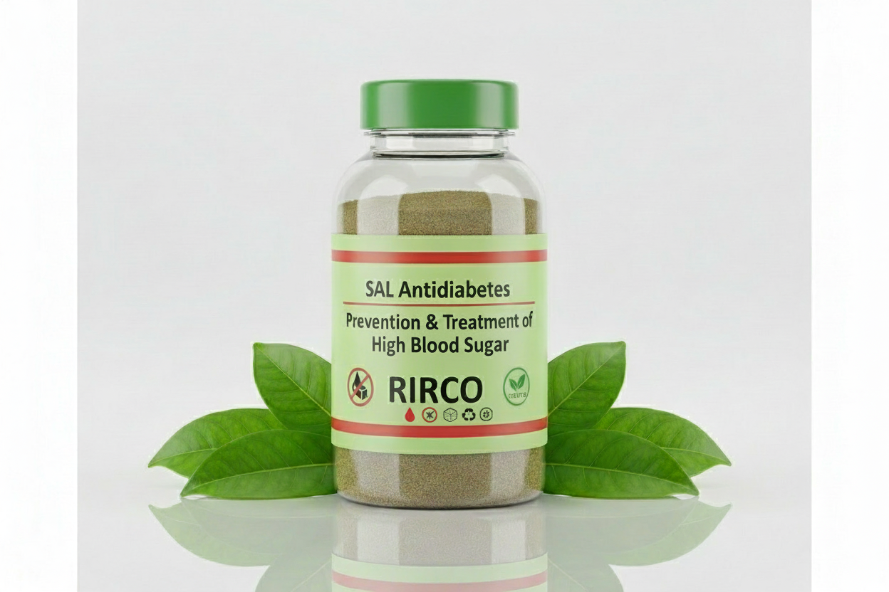 500 ml Plastic pharmaceutical Bottle of SAL Antidiabetes  on Top, followed by Prevention & Treatment of Hyperglycemia in big characters, a green cap and light green label on a glossy background, brand name RIRCO, picture of a dop of blood a barred sugar cube, nature label, recycling label, 2 red lines at the bottom and upper part of the label , brownish green powder, bottle surrounde by dacryodes leaves