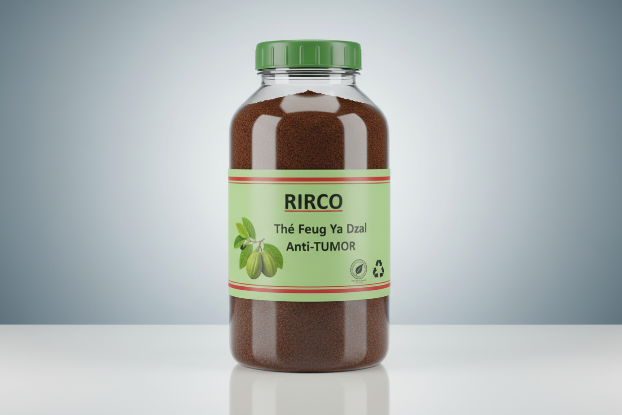 500 ml Plastic pharmaceutical Bottle of Thé Feug Ya Dzal Anti-TUMOR with a green cap and light green label on a glossy background, brand name RIRCO, all words should be well centered, bottle well filled to the top with a fine dark-brown powder, picture of graviola plant, nature label, recycling label, 2 red lines at the bottom and upper part of the label