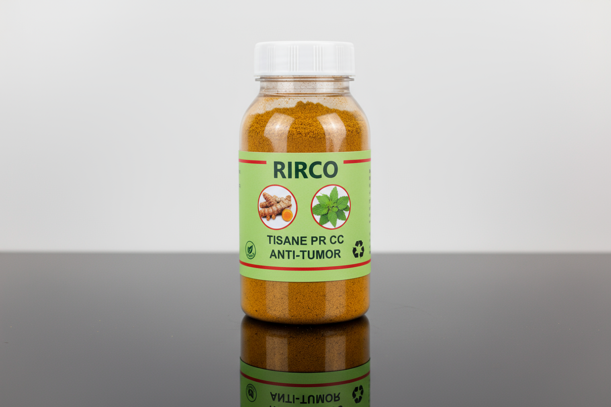 500 ml Plastic pharmaceutical Bottle of TISANE PR CC ANTI-TUMOR with a white cap and light green label on a glossy background, brand name RIRCO, well filled to the top with a finely  ground orange greenish powder, picture of tumeric and ageratum conyzoides leaves, nature label, recycling label, 2 red lines at the bottom and upper part of the label