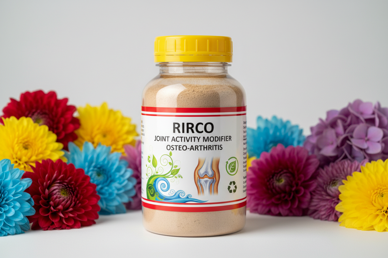 500 ml transparent Plastic pharmaceutical Bottle of RIRCO JOINT ACTIVITY MODIFIER   OSTEO-ARTHRITIS, with a yellow cap, glossy,,  picture of a knee , nature label, recycling label, 2 red bands at the bottom and upper edges of the label  , bottle filled  light brown powder, surounded by round flowers