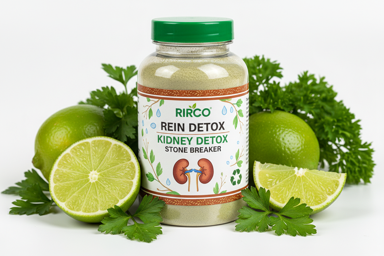 500 ml transparent Plastic pharmaceutical Bottle of RIRCO REIN DETOX KIDNEY DETOX STONE BREAKER, with a Green cap, glossy,  picture of  kidneys, nature label, recycling label, 2 dark orange bands at the bottom and upper edges of the label  , bottle filled  light green brownish powder, surounded by lime fruits and parsley leaves