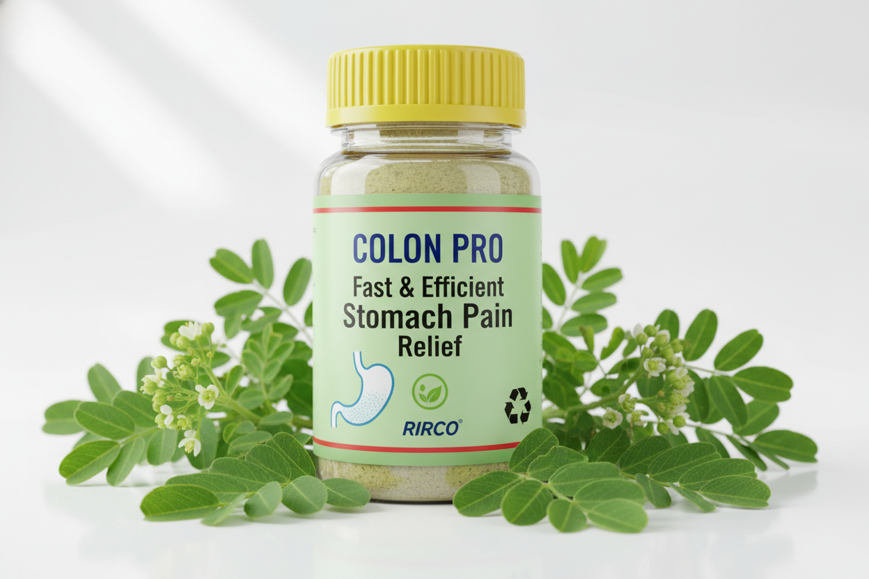 60 ml Plastic pharmaceutical Bottle of COLON PRO on Top, followed by Fast & Efficient Stomach Pain Relief in big characters, a yellow cap and light green label on a glossy background, brand name RIRCO, picture of stomach, nature label, recycling label, 2 red lines at the bottom edge  and upper edge of the label, yellowish gray powder, bottle surrounded by euphorbia hirta leaves