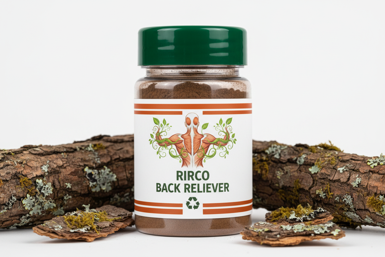 60 ml transparent Plastic pharmaceutical Bottle, name of product is RIRCO BACK RELIEVER , with a Green cap, glossy,  picture of  back, nature label, recycling label, 2 dark orange bands at the bottom and upper edges of the label  , bottle filled  dark brown powder, surounded by plant bark 