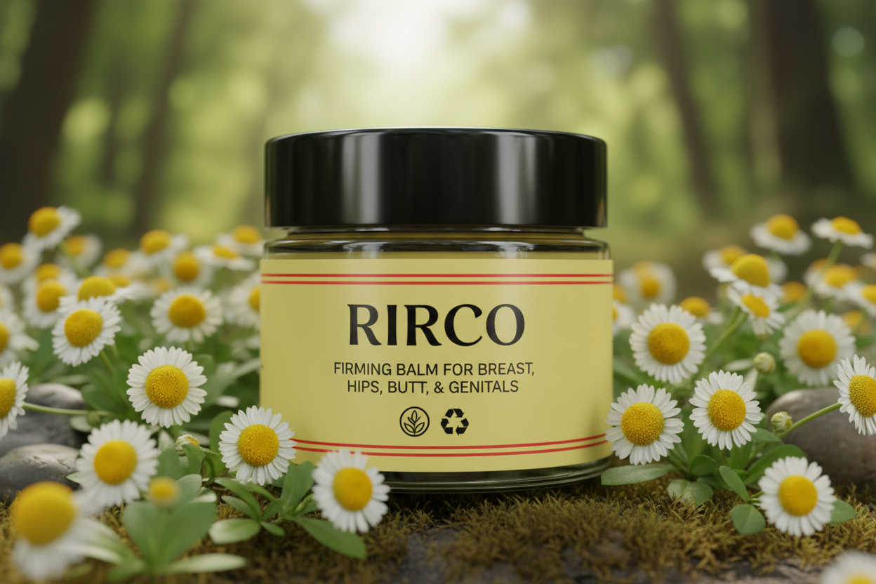 ANCESTRAL BALM  Firm Breast, Hips, Butt, Genitals Balm jar, with black cap, light yellow label, glossy, 2 red lines at the top and bottom edge of the label, RIRCO brand , surounded by small round flowers , nature label, recycling  label