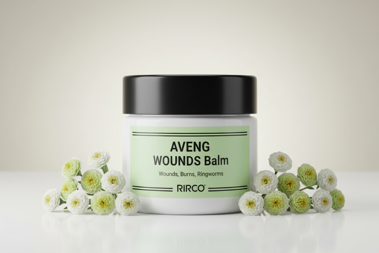 AVENG WOUNDS Balm jar, Wounds, Burns, Ringworms, white jar with black cap, light green label, 2 black lines at the top and bottom edge of the label, RIRCO brand , surounded by small round flowers