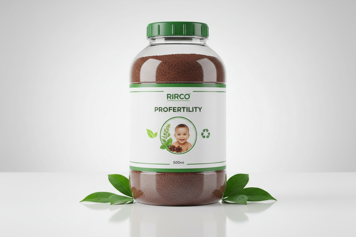 BIG 500 ml transparent Plastic pharmaceutical Bottle of PROFERTILITY  with a green cap and white label on a glossy background, brand name RIRCO, written with the same policy as the name of the product, picture of green spices and healthy light brown baby at the center , nature label, recycling label, 2 green lines at the bottom and upper part of the label  , bottle filled  dark brown powder, surounded by few leaves