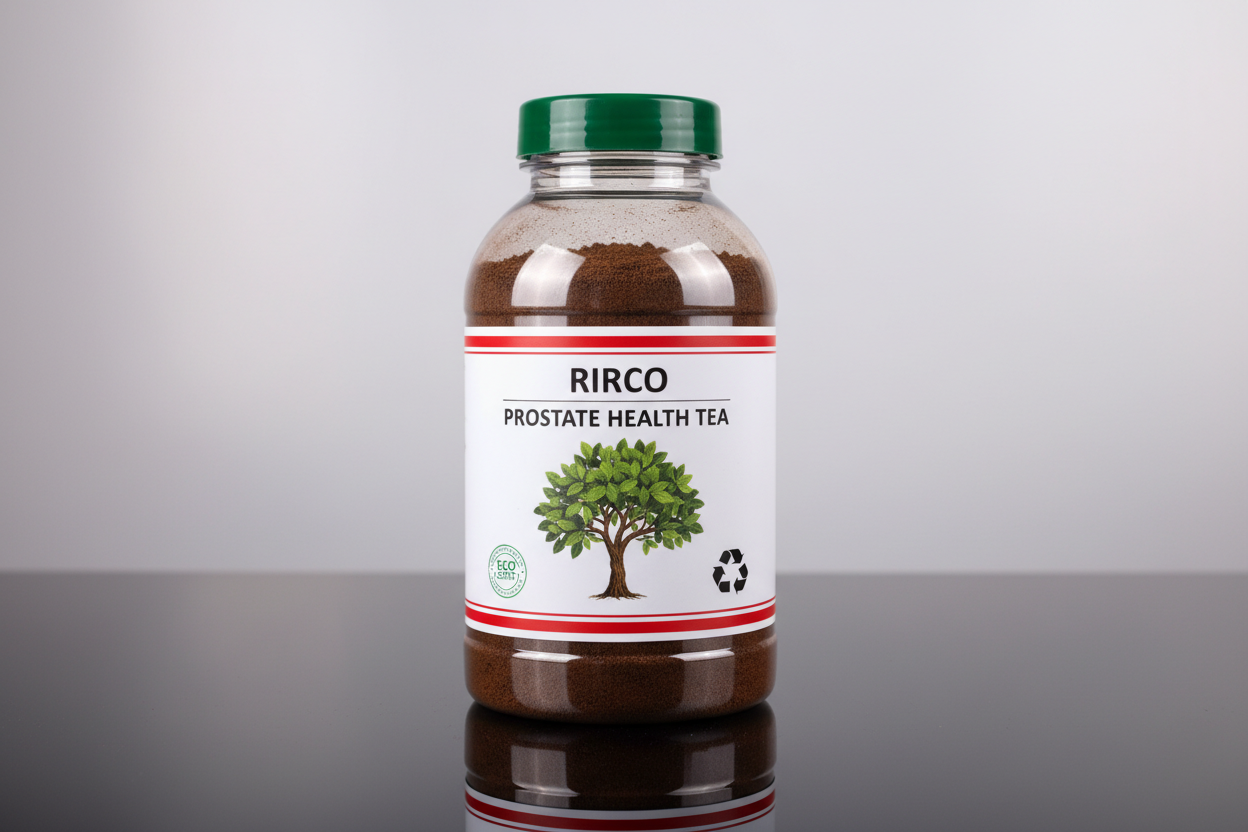 BIG 500 ml transparent Plastic pharmaceutical Bottle of PROSTATE  HEALTH TEA  with a green cap and white label on a glossy background, brand name RIRCO, written with the same policy as the name of the product, picture of P africana tree, nature label, recycling label, 2 red lines at the bottom and upper part of the label ite , bottle filled aith dark brown powder