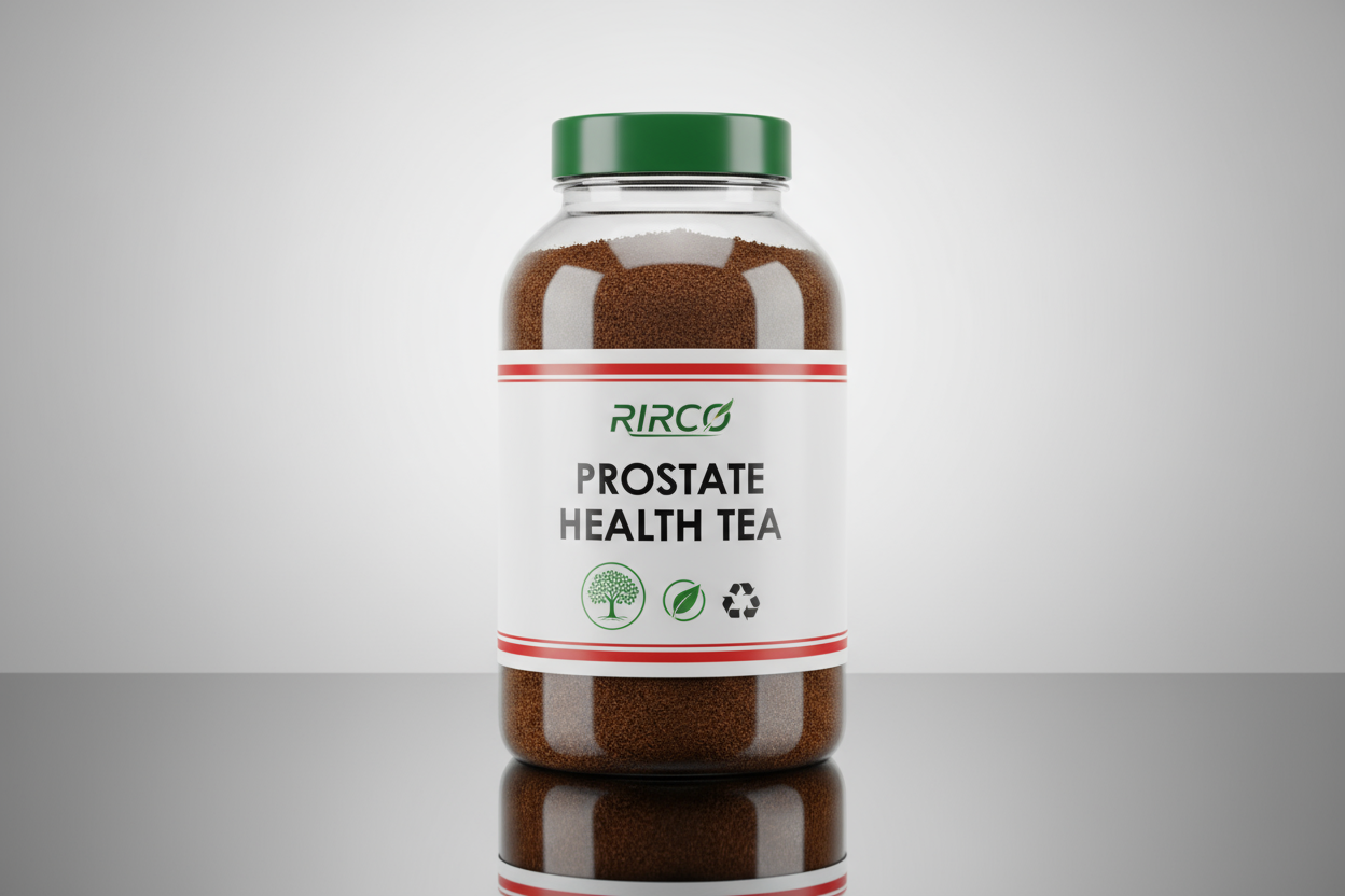 BIG 500 ml wPlastic pharmaceutical Bottle of PROSTATE  HEALTH TEA  written in big policy  with a green cap and white label on a glossy background, brand name RIRCO, picture of P africana tree, nature label, recycling label, 2 red lines at the bottom and upper part of the label ite , bottle filled with  dark brown powder