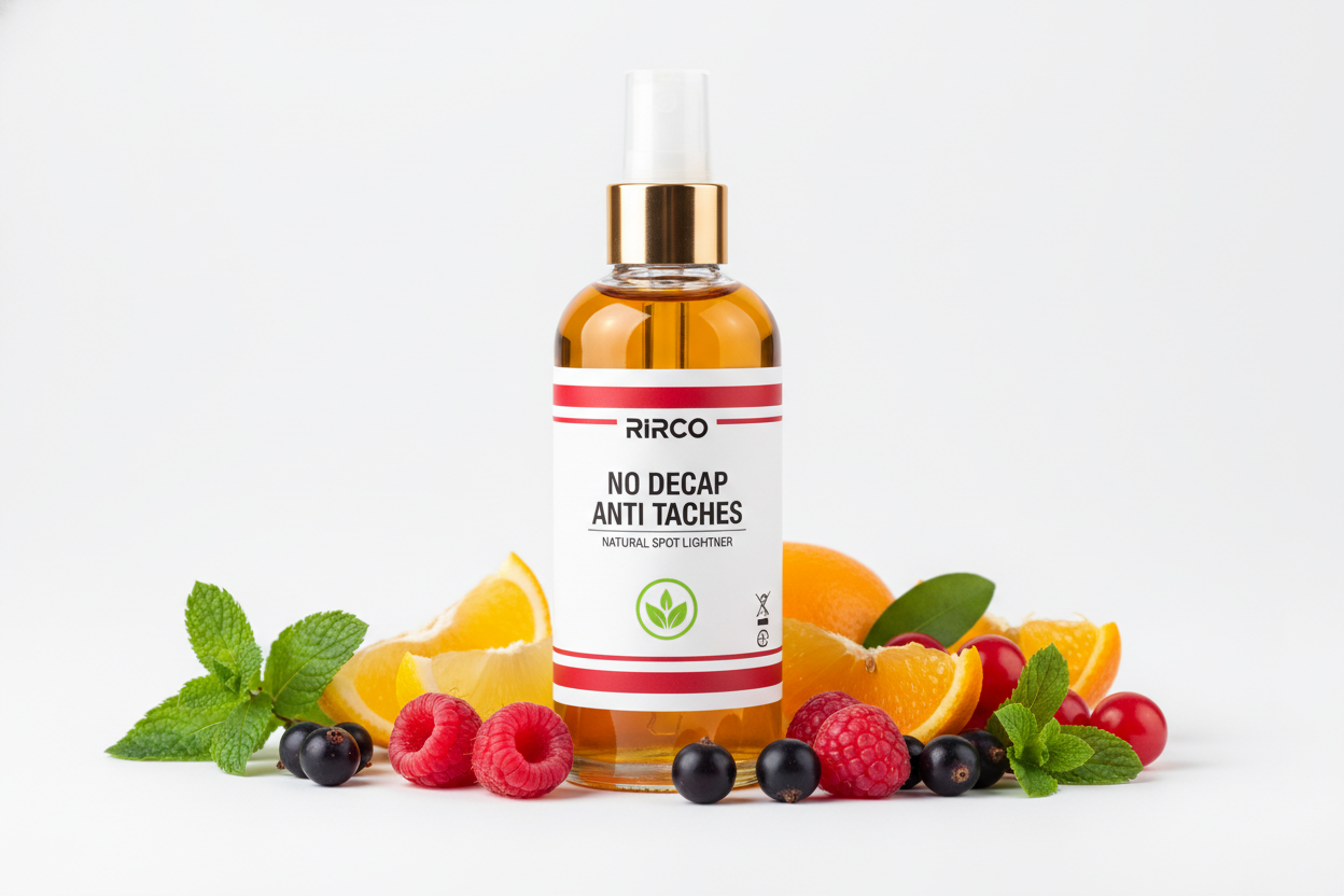 NO DECAP ANTI TACHES - NATURAL SPOT LIGHTNER , filled with 60 ml oil, white glossy label, 2 red bands at the top and bottom edge of the label, RIRCO brand , nature label, recycling label, surounded by small fruits