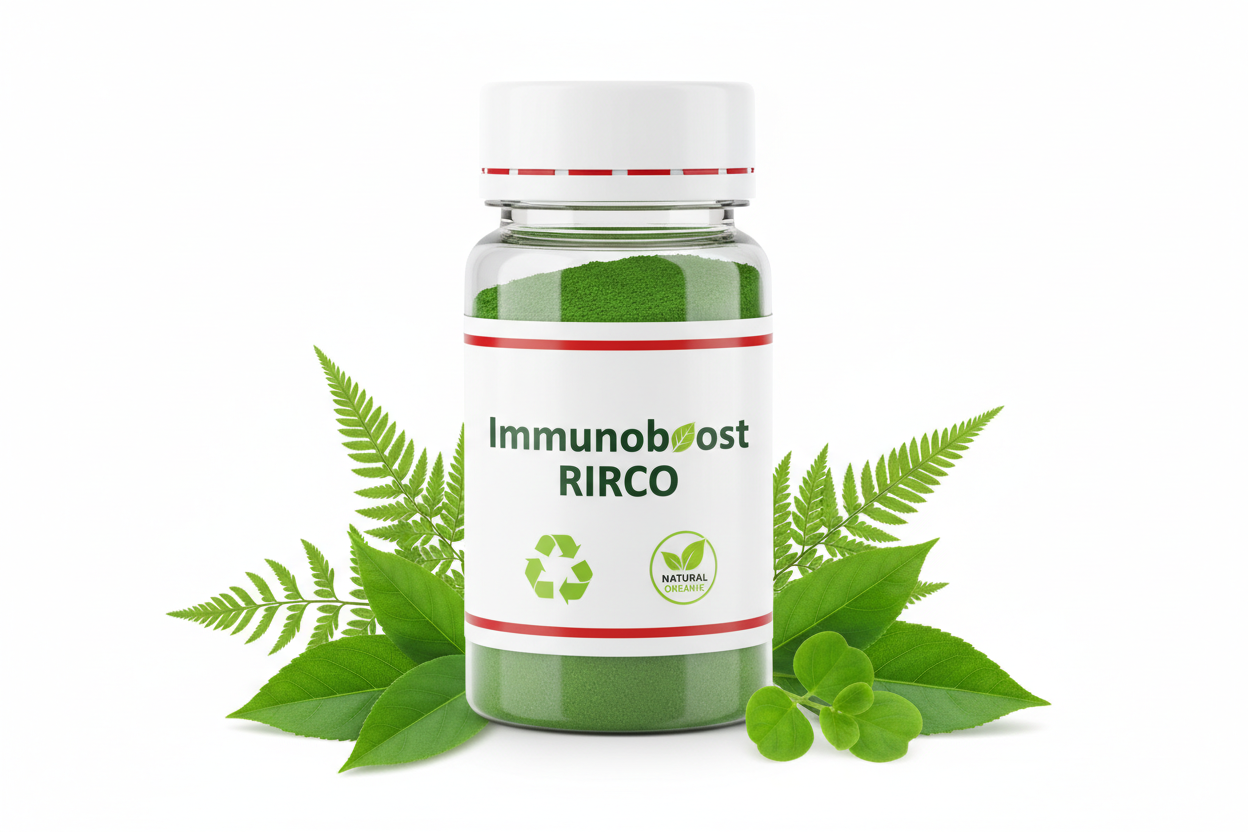 PET 60 ml pharmaceutical bottle with green plant powder , with Immunoboost rirco label , recycling logo, naural logo few leaves around, a white cap 2 red lines upper and lower contour