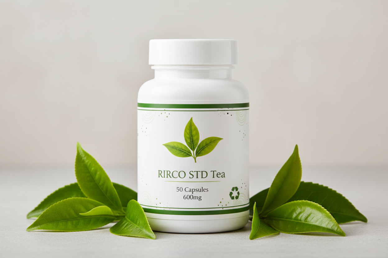 Pharmaceutical white  bottle RIRCO STD Tea capsules , 50 capusles of 600 mg, with a white cap, with 2 lines around the label upper and down sides, nature label, recycling label, with picture of leaf, and surrounded by few leaves
