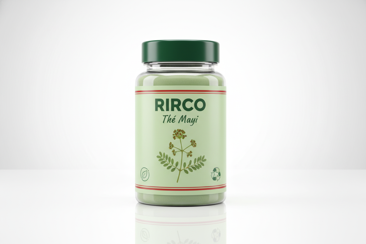 Plastic pharmaceutical Bottle of Thé Mayi with a green cap and light green label on a glossy background, brand name RIRCO, picture of euphorbia hirta plant, nature label, recycling label, 2 red lines at the bottom and upper part of the label 
