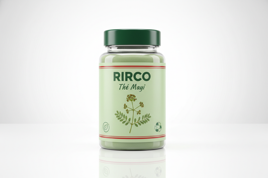 Plastic pharmaceutical Bottle of Thé Mayi with a green cap and light green label on a glossy background, brand name RIRCO, picture of euphorbia hirta plant, nature label, recycling label, 2 red lines at the bottom and upper part of the label 