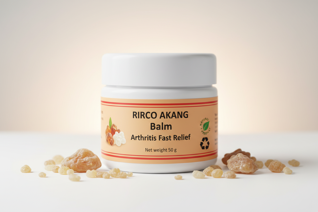 white jar of balm with name: RIRCO  AKANG Balm Arthritis Fast Relief,  light orange backgroung  label, 2 red lines at the top and bottom edge of the label, Net weight 50 g, with frankincense grains picture, nature label, recycling label, surrounded by frankincense